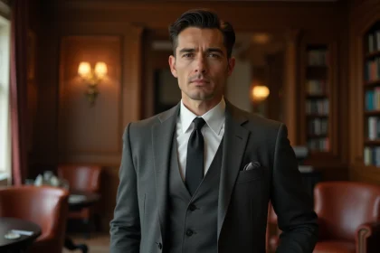 Homme en costume slim années 60 style James Bond dans un club anglais, mode homme vintage silhouette élégante