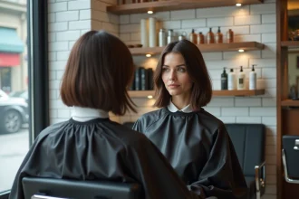 Femme aux cheveux en carré asymétrique fraîchement coiffé dans un salon de coiffure moderne avec miroir et équipements professionnels