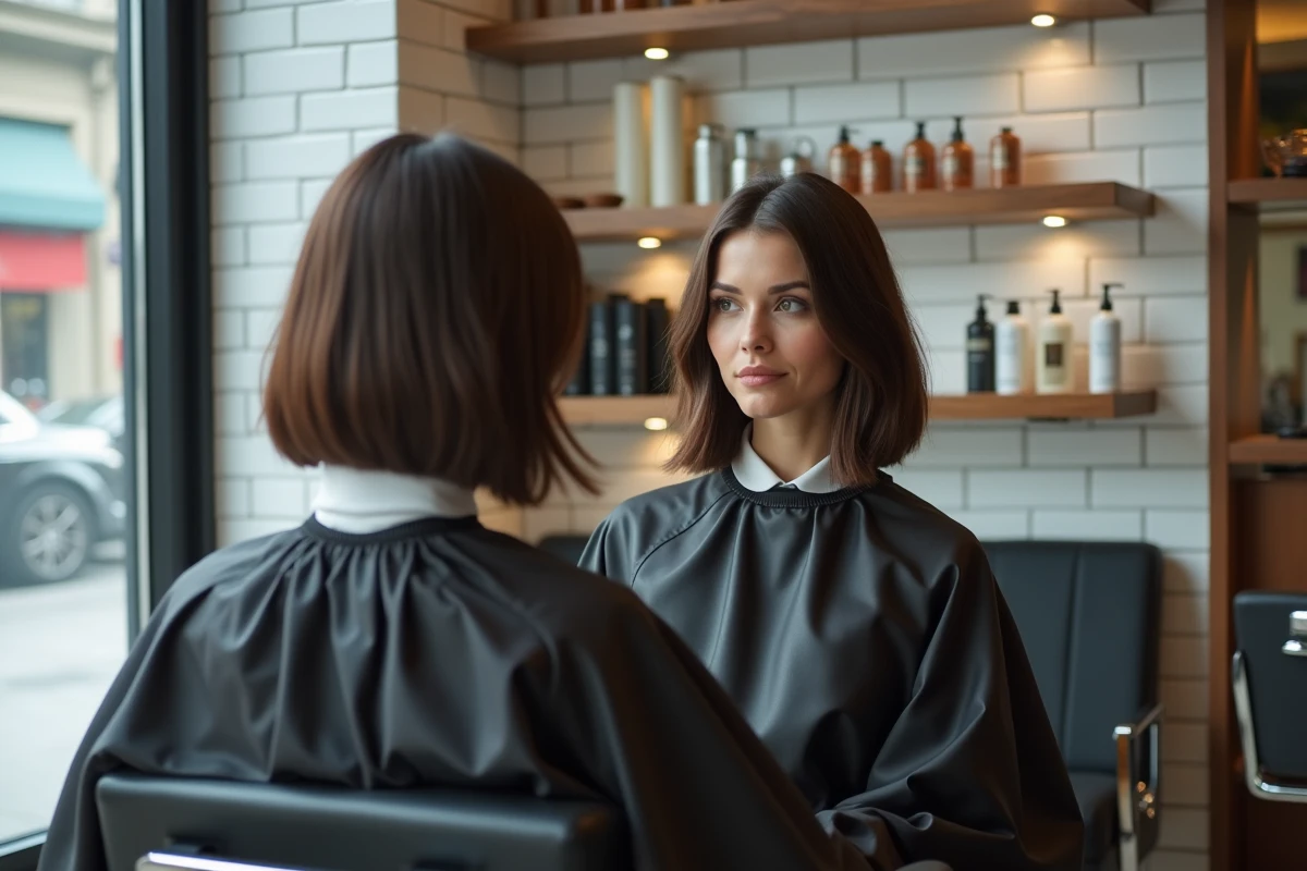 Femme aux cheveux en carré asymétrique fraîchement coiffé dans un salon de coiffure moderne avec miroir et équipements professionnels