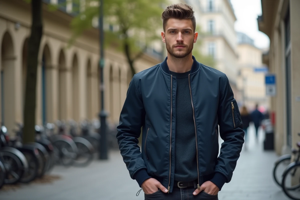 Jeune homme avec une coupe French crop texturée dans une rue parisienne, tendance coupe courte 2026