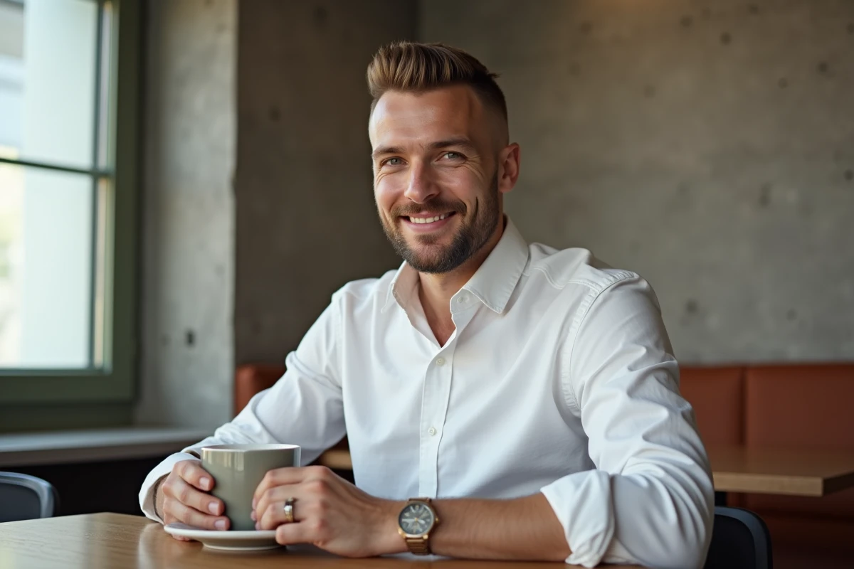 Homme avec une coupe fade undercut nette dans un café moderne, style tendance coupe homme 2026