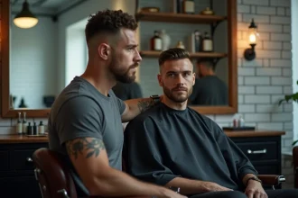 Homme aux cheveux courts en coupe crew cut assis dans un fauteuil de barbier moderne, style tendance 2026