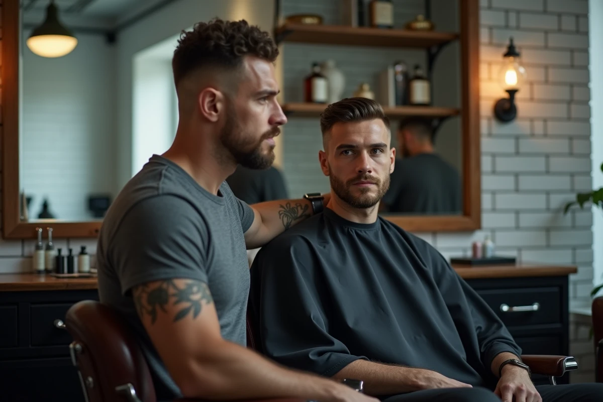 Homme aux cheveux courts en coupe crew cut assis dans un fauteuil de barbier moderne, style tendance 2026