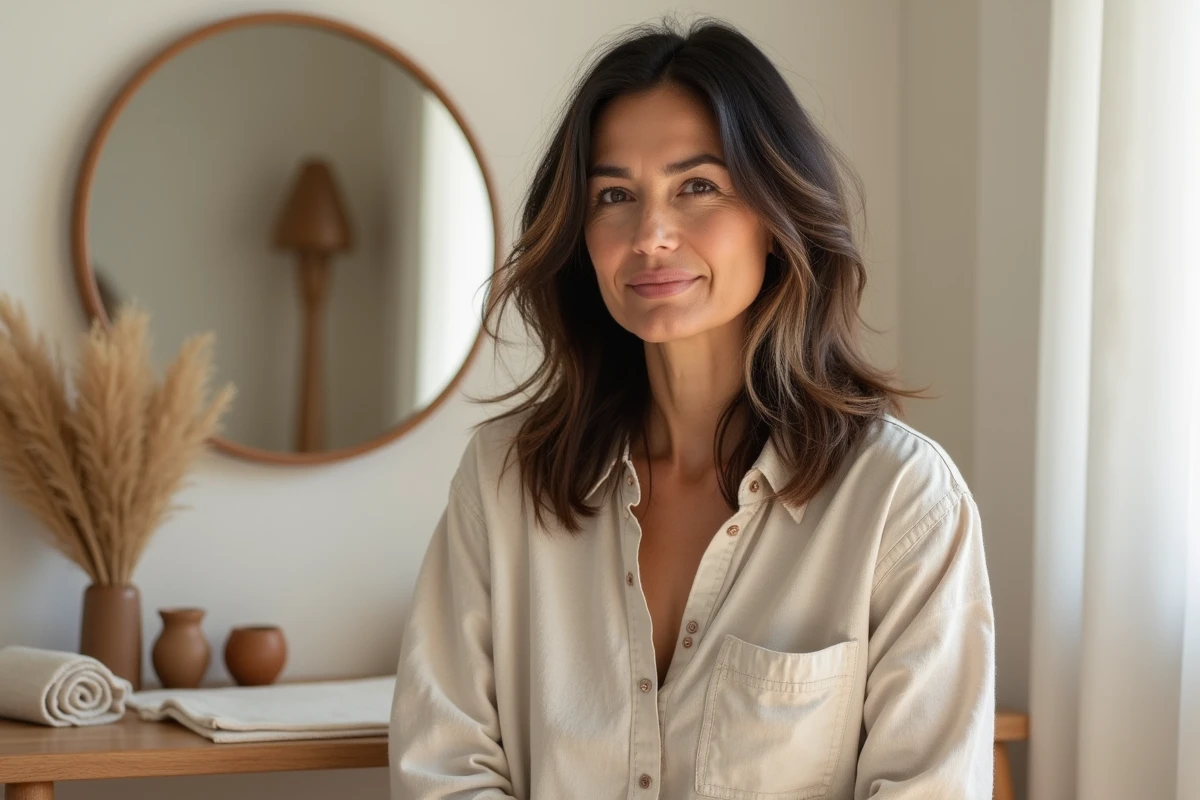 Femme mature avec une coupe longue dégradée et des reflets naturels devant une coiffeuse minimaliste dans un intérieur élégant