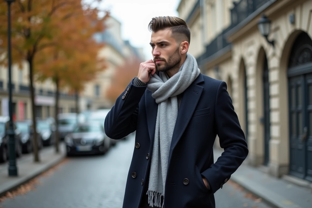 Homme avec une coupe undercut fade en rue parisienne pavée en automne, style éditorial urbain contemporain