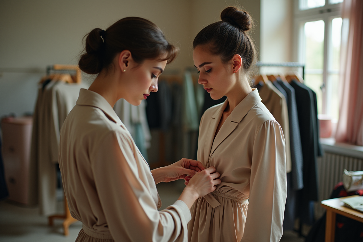 Créatrice de mode ajustant une robe avant le défilé