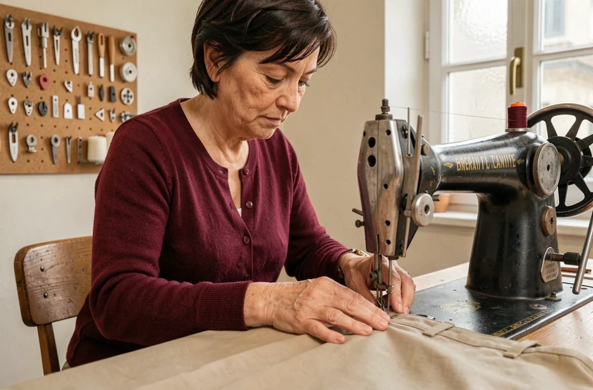 Retoucheuse professionnelle cousant la couture d'un pantalon chino beige sur une machine à coudre industrielle dans sa boutique à Valence