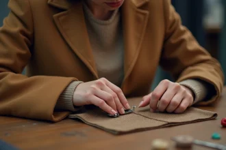 Femme décousant la poche cousue d'un manteau en laine camel avec un découd-vite sur une table en bois