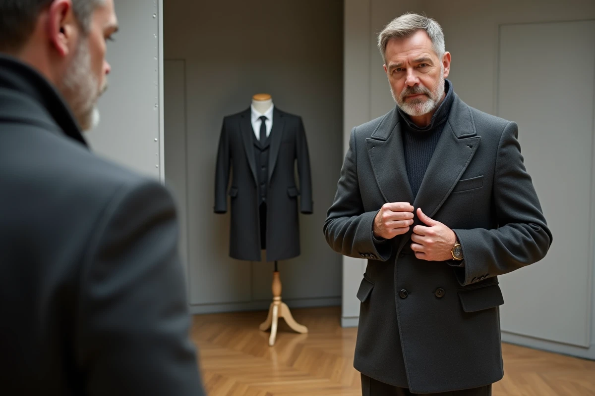 Homme en manteau gris anthracite inspectant une poche fermée par un fil dans un salon d'essayage de tailleur