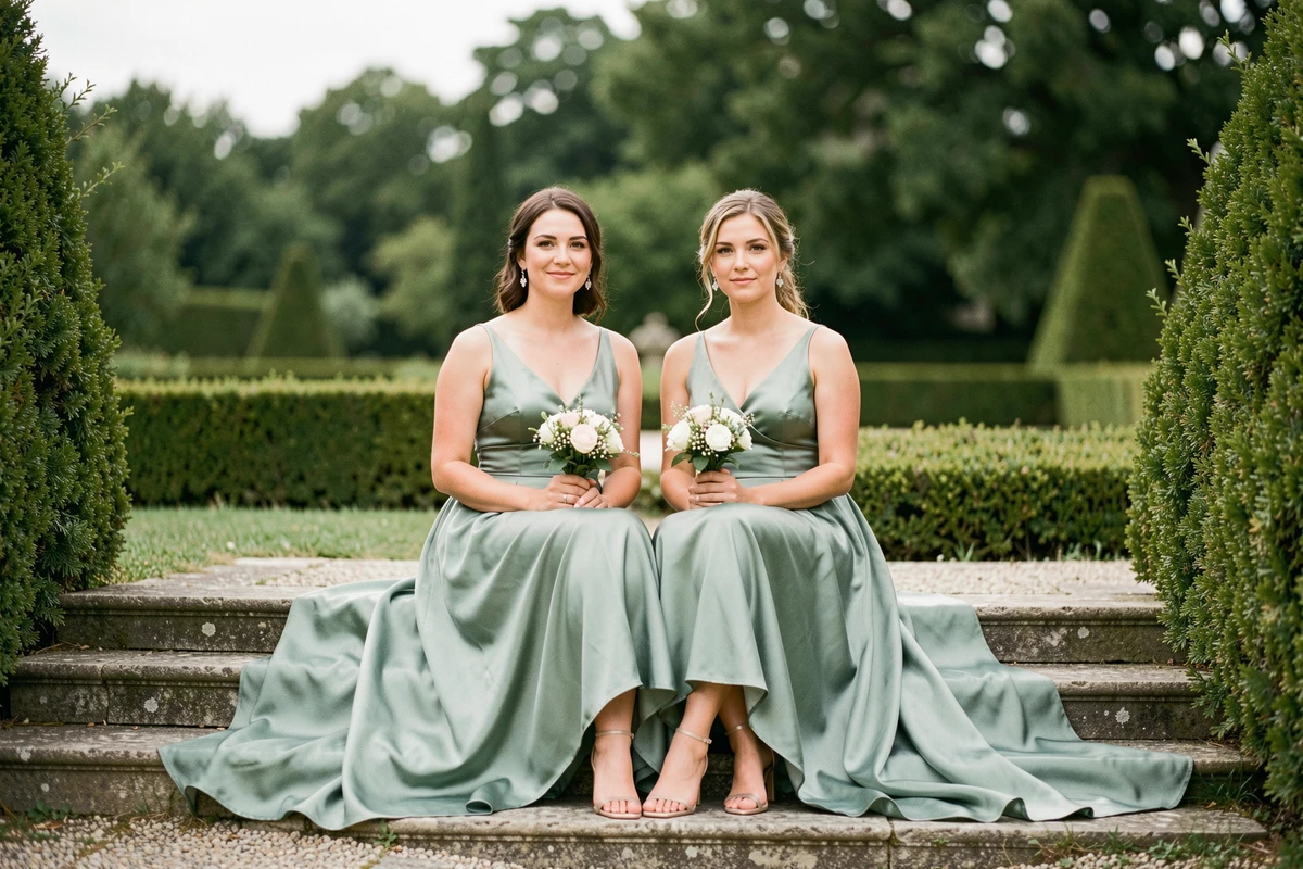 Deux demoiselles d'honneur en robes vert sauge avec accessoires élégants dans un jardin de château français