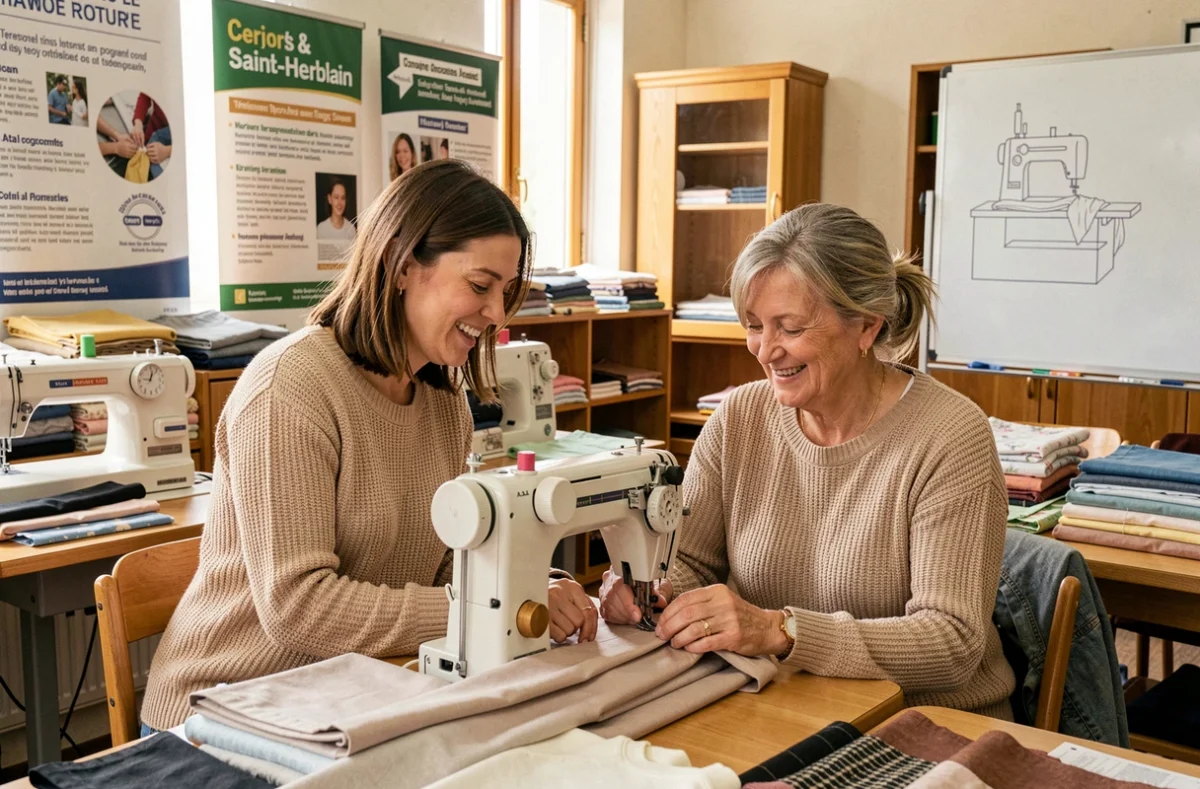 Deux femmes travaillant ensemble à l'atelier Des Femmes en Fil à Saint-Herblain dans un cadre d'insertion par la couture