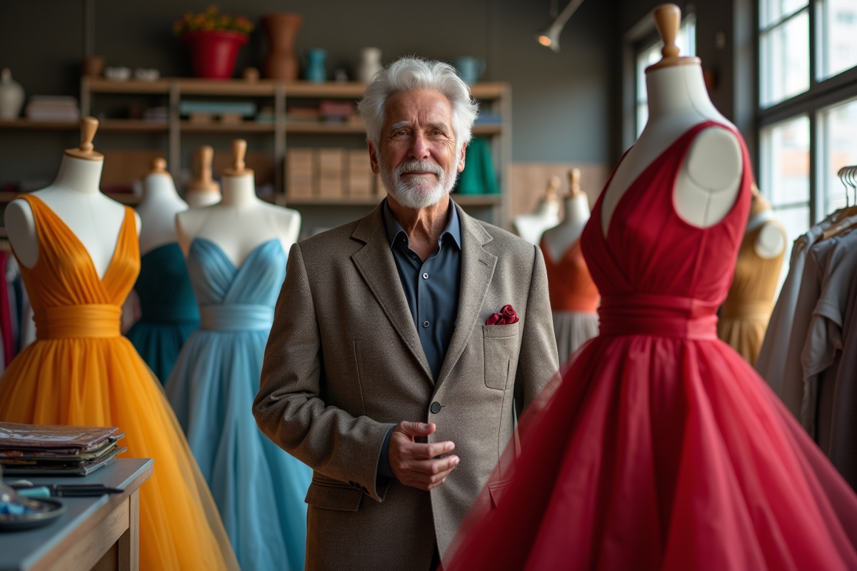 Designer de mode homme dans son atelier avec mannequins et tissus