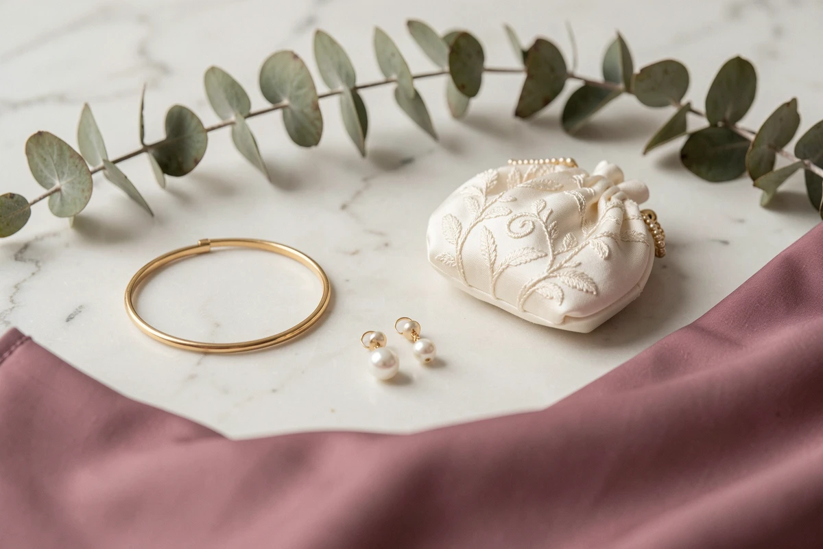 Détail des accessoires de demoiselle d'honneur disposés sur marbre blanc avec bracelet doré et sac satin brodé