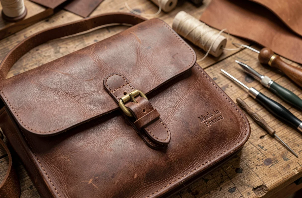 Détail artisanal d'une besace en cuir fabriquée en France posée sur un établi de maroquinier