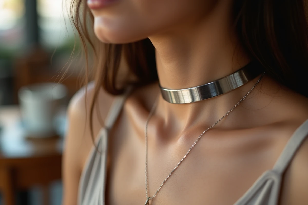 Gros plan d'un collier ras du cou en acier inoxydable poli sur une clavicule dans un café chaleureux