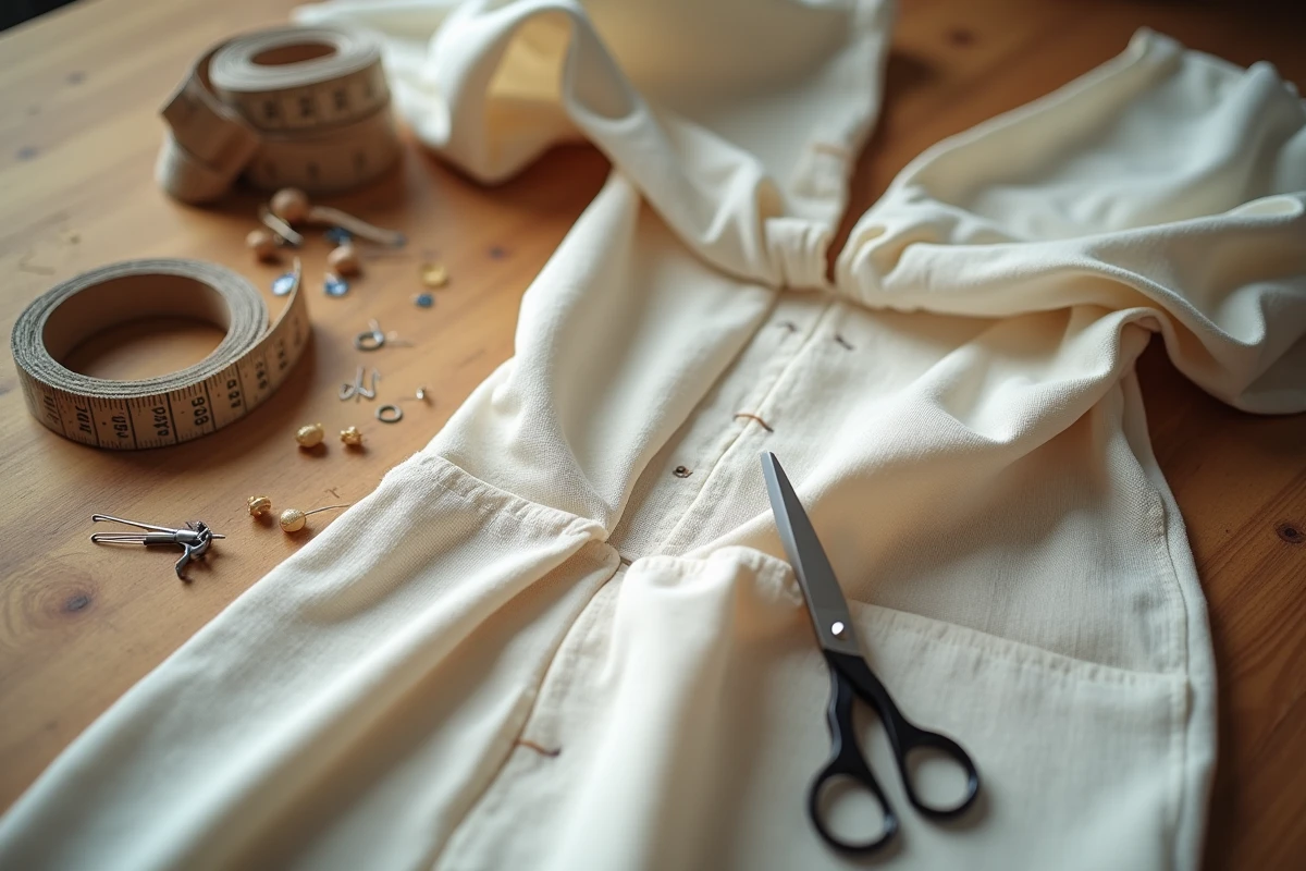 Gros plan sur une table de couturi&egrave;re avec tissu &eacute;pingl&eacute;, d&eacute;coup&eacute; et marqu&eacute; &agrave; la craie pour une retouche de v&ecirc;tement trop long