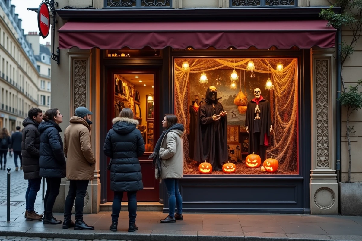 Devanture d'une boutique de costumes d'Halloween dans une rue pavée de Paris avec vitrine décorée