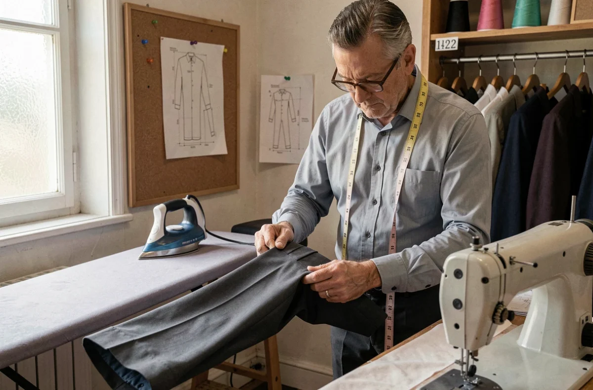 Tailleur spécialiste inspectant la couture technique d'un pantalon sur mesure dans l'atelier Dr Tailleur