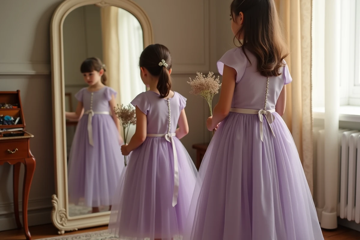 Maman et fillette en robes de princesse lilas coordonnées devant un miroir vintage, tenues assorties élégantes avec détails en perles et jupe en mousseline