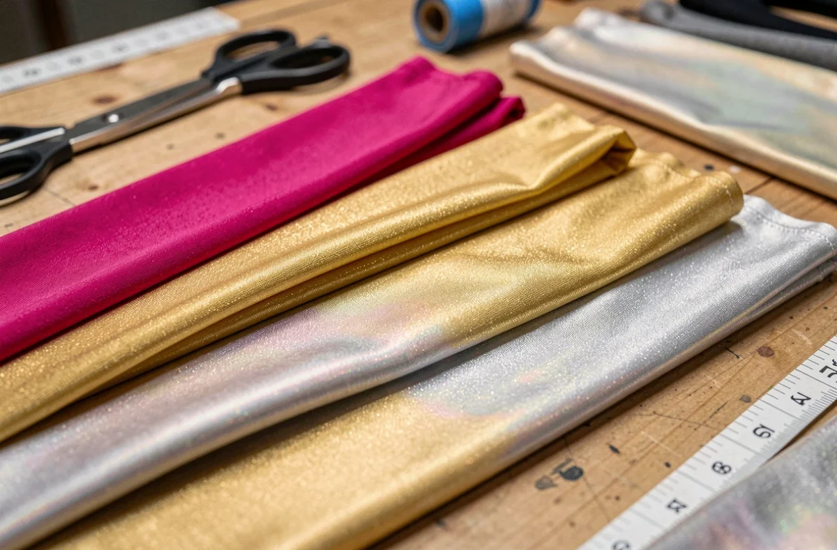 Échantillons de tissus spandex colorés pour costumes de spectacle sur table d'atelier de couture
