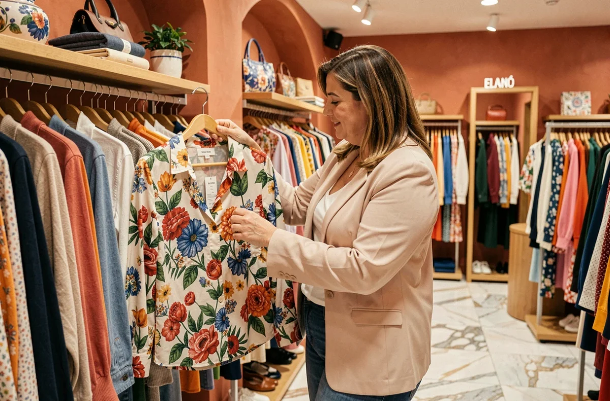 Une femme ronde admire un chemisier fleuri de style italien suspendu à un portant dans la boutique Elena Mirò de Dijon, entourée de collections aux couleurs méditerranéennes chaleureuses.