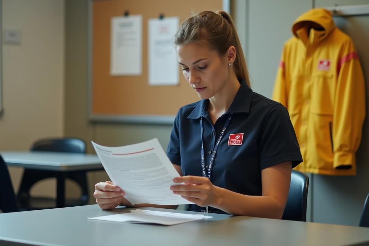 Employée La Poste consultant un document sur les droits vestimentaires dans une salle de pause