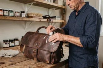 Homme entretenant une grande sacoche en cuir marron avec un produit nourrissant sur un établi en bois