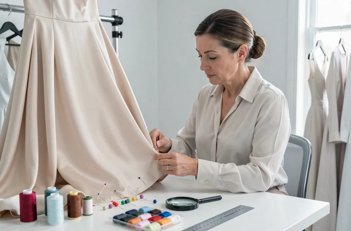 Couturière épinglant avec soin l'ourlet d'une robe en soie lors d'un ajustement chez L'Epinglette