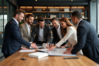 Groupe de professionnels du marketing analysant des emballages de marque