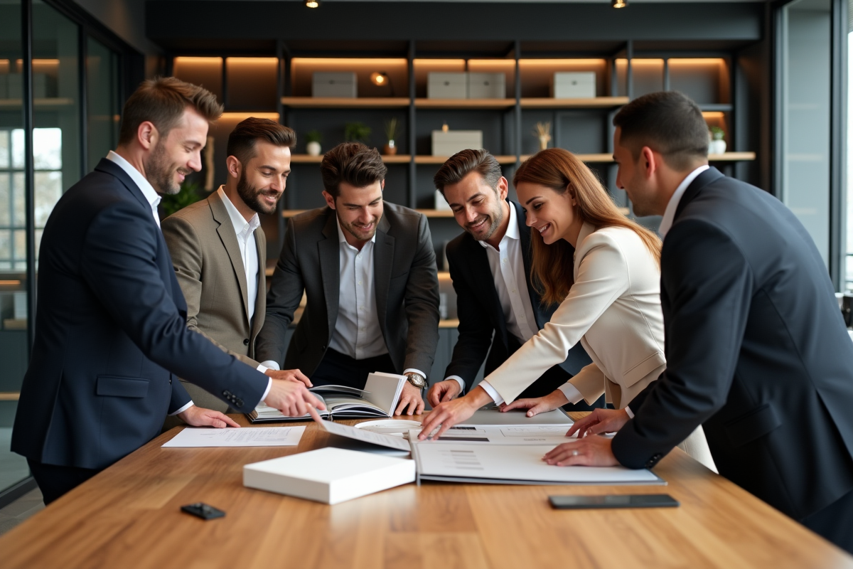 Groupe de professionnels du marketing analysant des emballages de marque