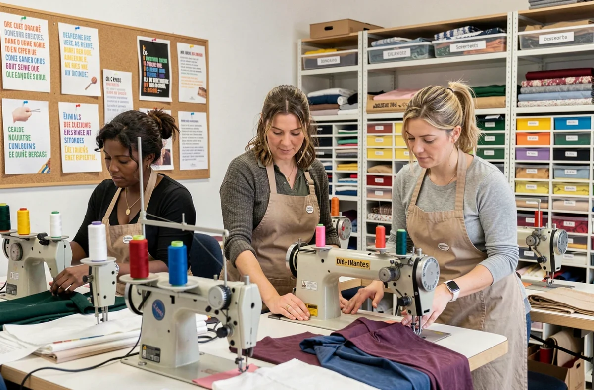 Atelier solidaire ESAT La Belle Ouvrage à Nantes avec couturières travaillant ensemble sur des machines industrielles