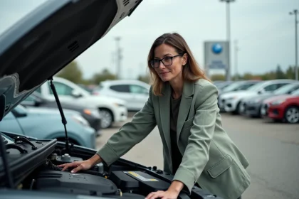 Femme examinant le moteur d'une voiture d'occasion sans marque connue dans un lot de concessionnaire