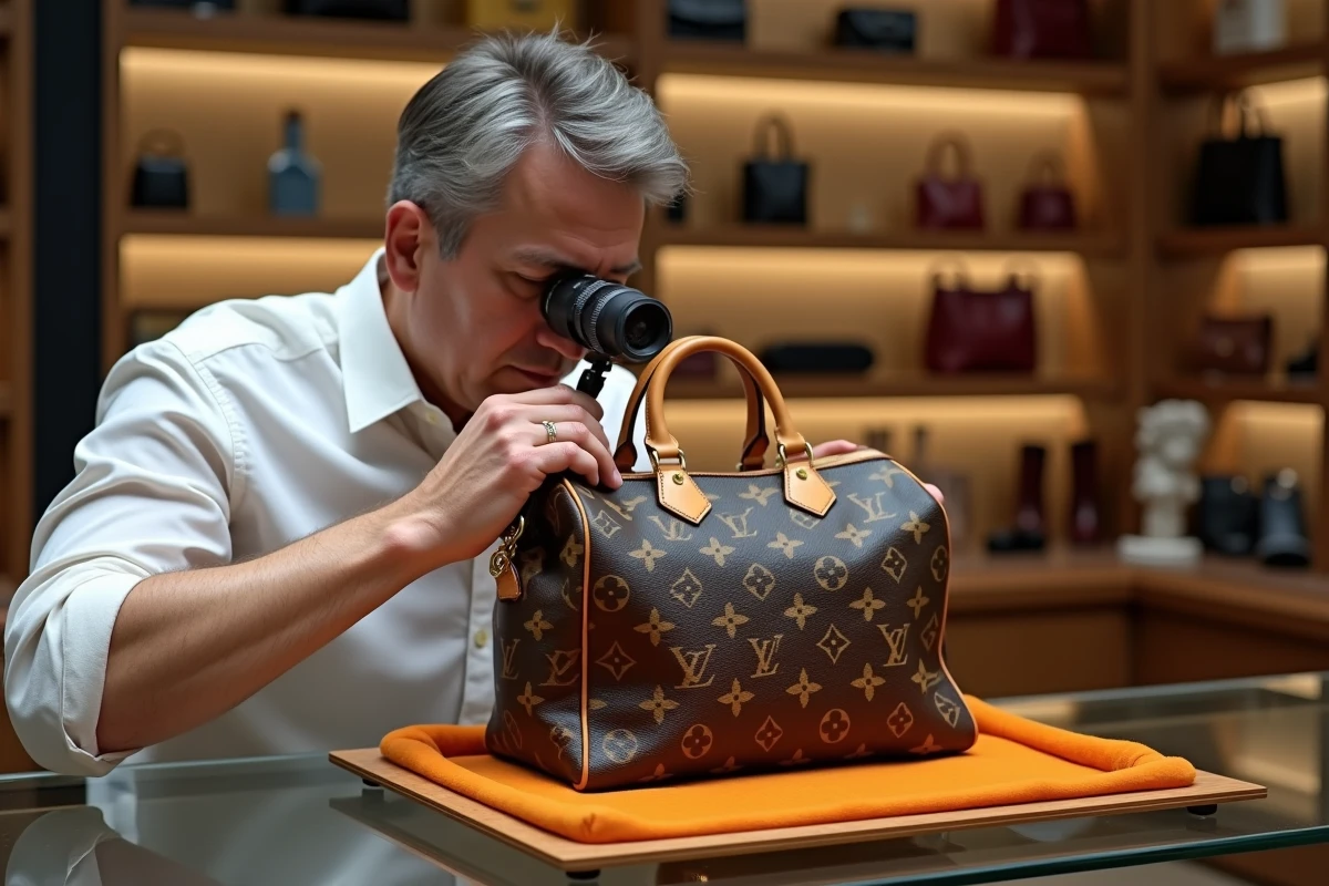 Expert en authentification examinant un numéro de série effacé sur un sac Louis Vuitton Speedy avec une loupe