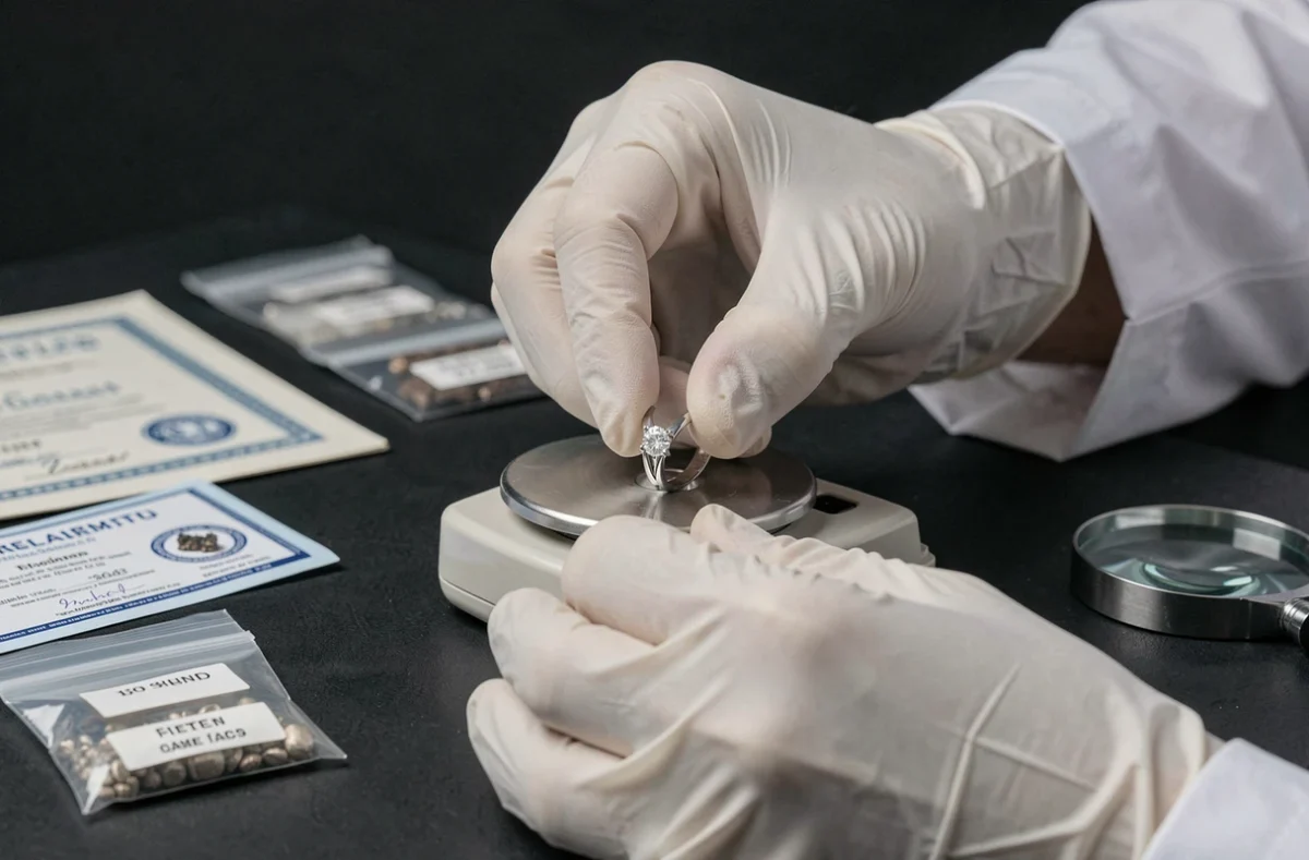 Bijoutier pesant une bague solitaire diamant sur une balance gemmologique lors d'une expertise