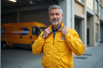 Facteur La Poste en uniforme jaune 2026 devant un centre de tri postal en France
