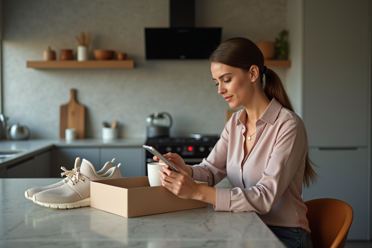 Femme en cuisine consulte des avis sur des sneakers