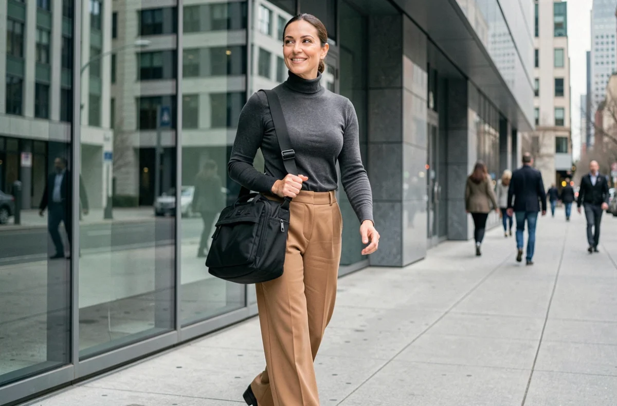 Femme d'affaires marchant en ville avec un grand sac ordinateur noir à bandoulière devant un immeuble de bureaux