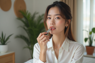 Femme confiante appliquant un lipstick satin naturel