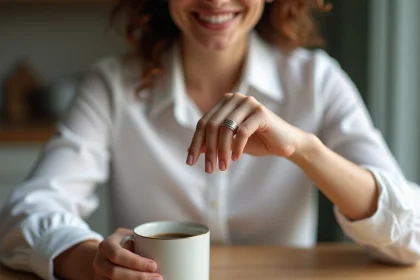 Femme souriante admire un anneau personnalis&eacute; avec message