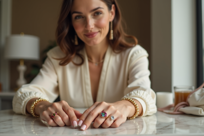 Femme &eacute;l&eacute;gante portant des bagues color&eacute;es sur une coiffeuse