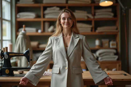 Femme portant un blazer trop grand dans un atelier de retouches, manches trop longues tombant sur les mains