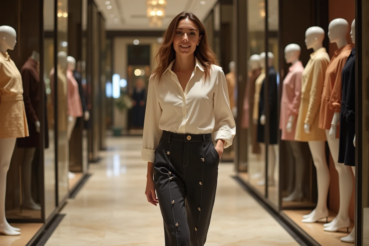 Jeune femme mode dans une boutique parisienne chic