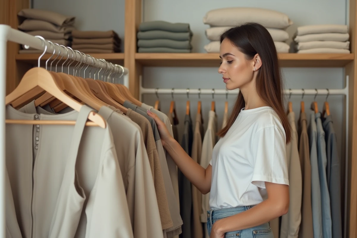 Jeune femme parcourant des vêtements sans marque dans une boutique européenne minimaliste, illustrant la notion de marque inconnue ou générique sur les sites allemands