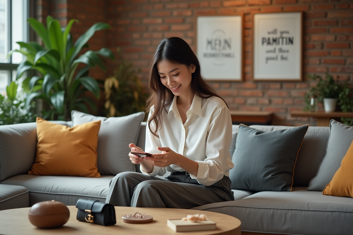 Jeune femme élégante comparant des accessoires de mode dans un loft