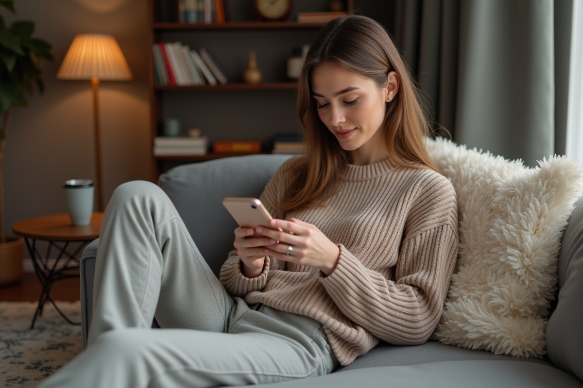 Jeune femme gen z consulte une application de vêtements chez elle