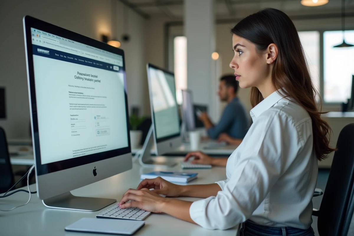 Femme au bureau résolvant un problème de connexion et de mot de passe sur un portail habillement professionnel