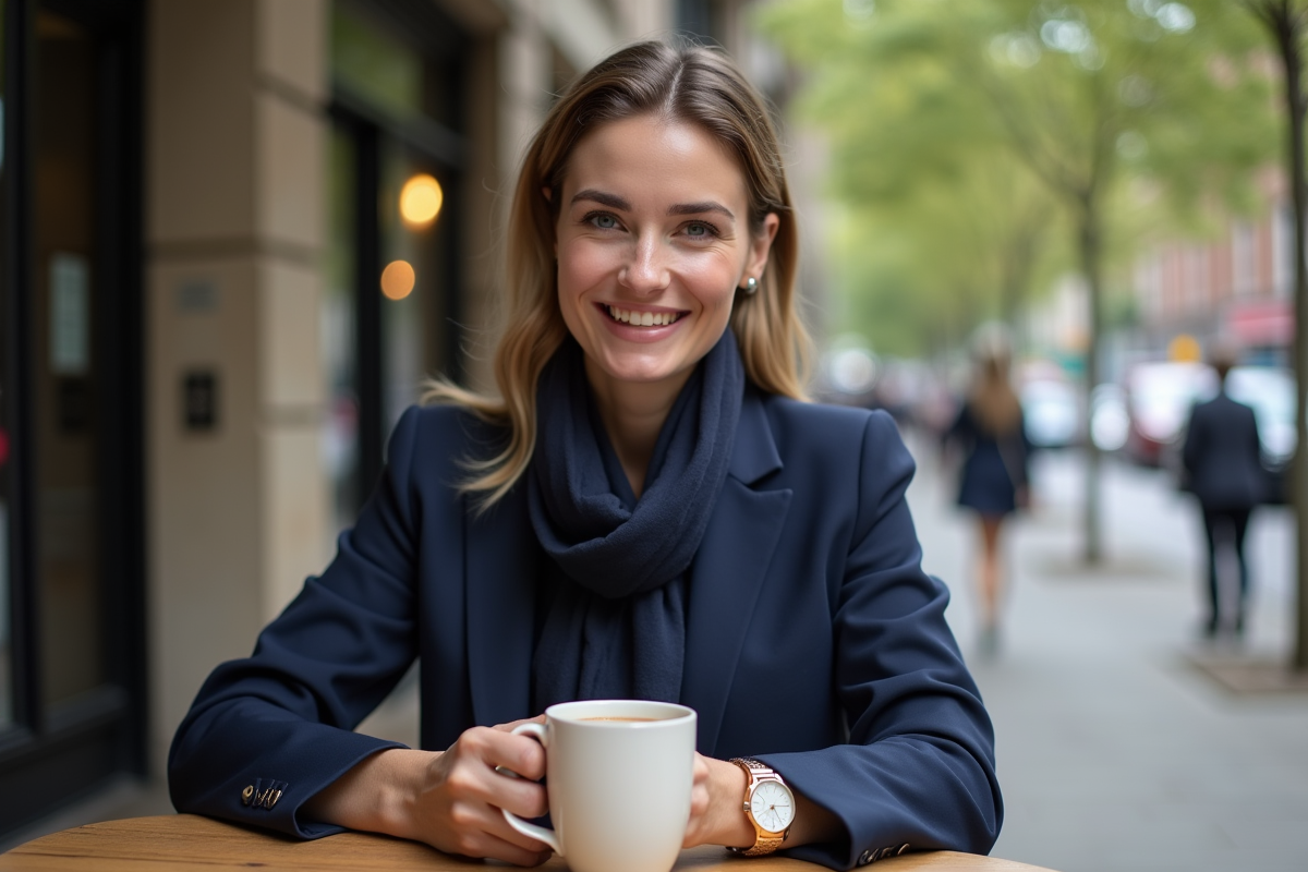 Jeune femme au café portant une montre en or dans la rue