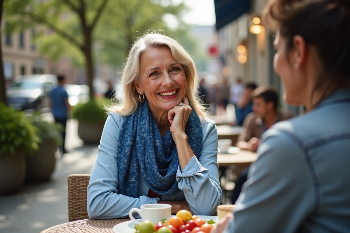 Femme en terrasse de café discutant avec une amie en été