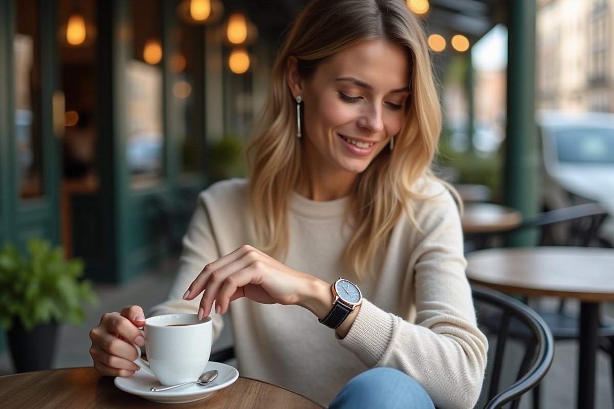 Jeune femme au café regardant sa montre dans un cadre urbain