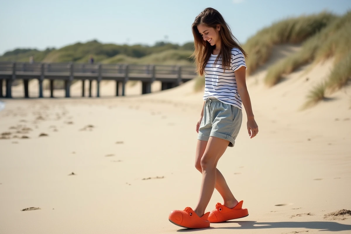 Femme portant des claquettes originales en forme de poisson sur une plage atlantique française avec des dunes en arrière-plan